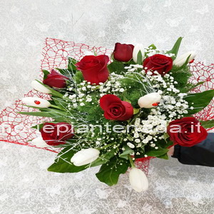 Bouquet di tulipani bianchi e Roselline Rose - Fiori e Piante Nada