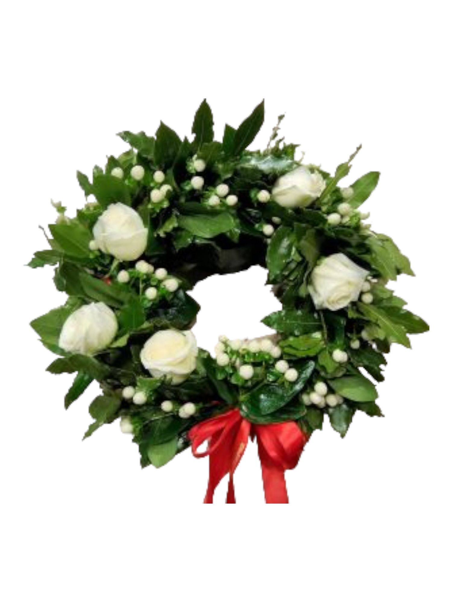 Featured image for “Coroncina per laurea con Rose bianche e hypericum bianco”