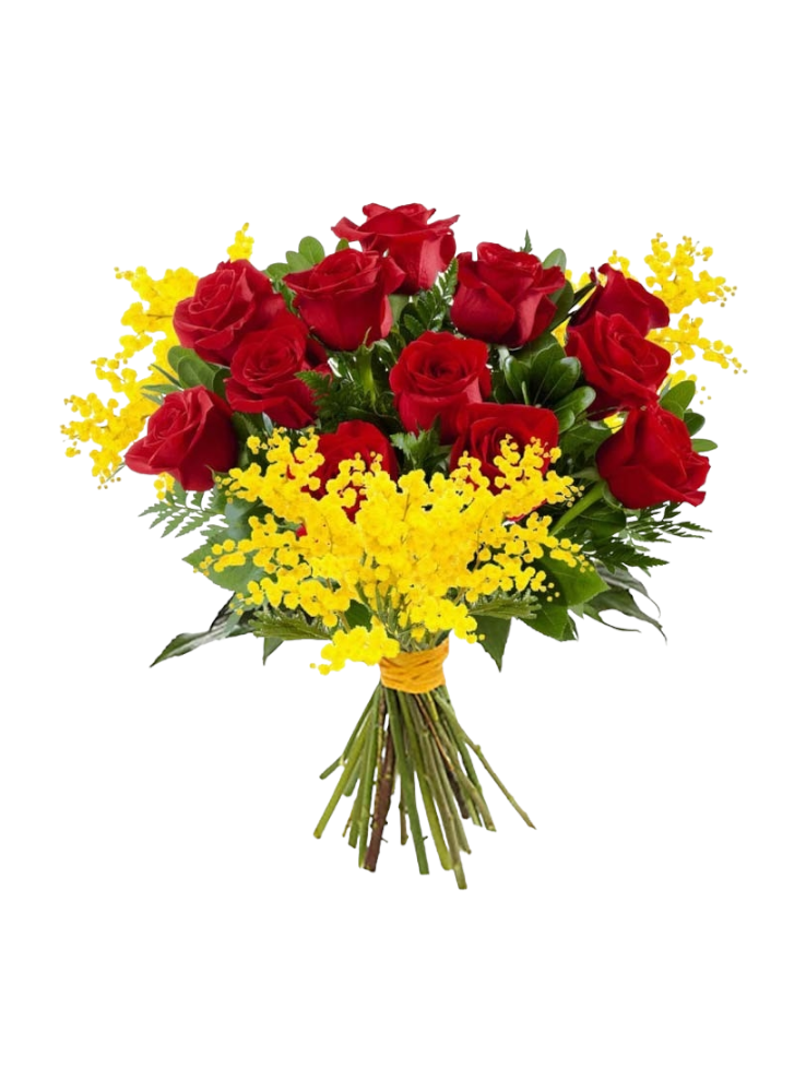 Bouquet Rose Rosse con Mimosa
