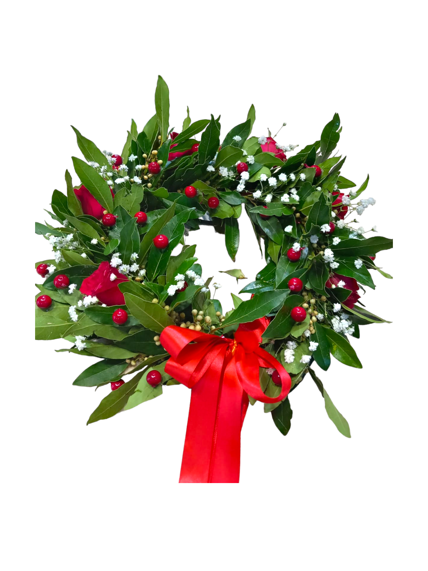 Featured image for “Coroncina con rose rosse e bacche artificiali”