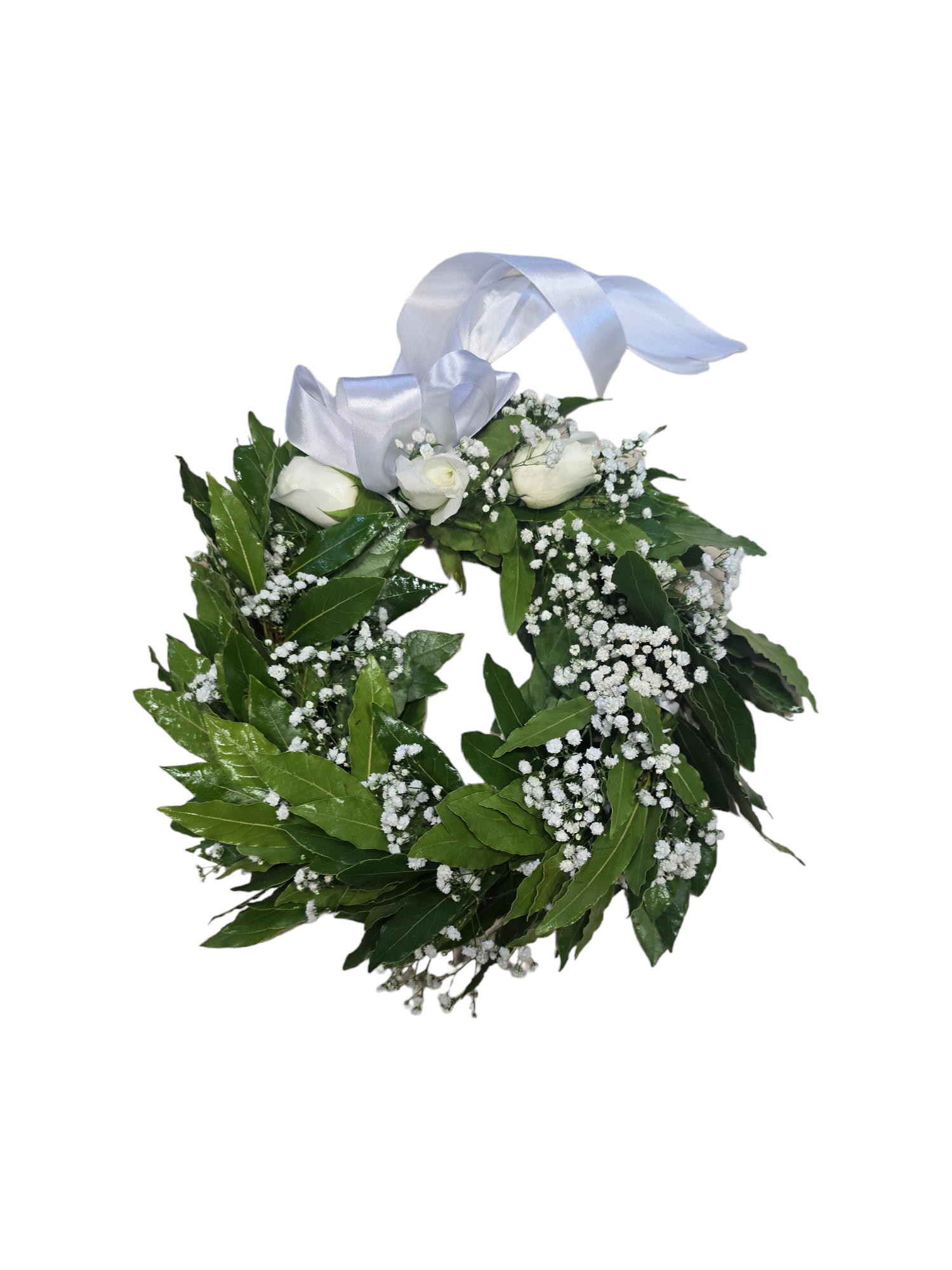 Featured image for “Coroncina con rose bianche e gypsophila”