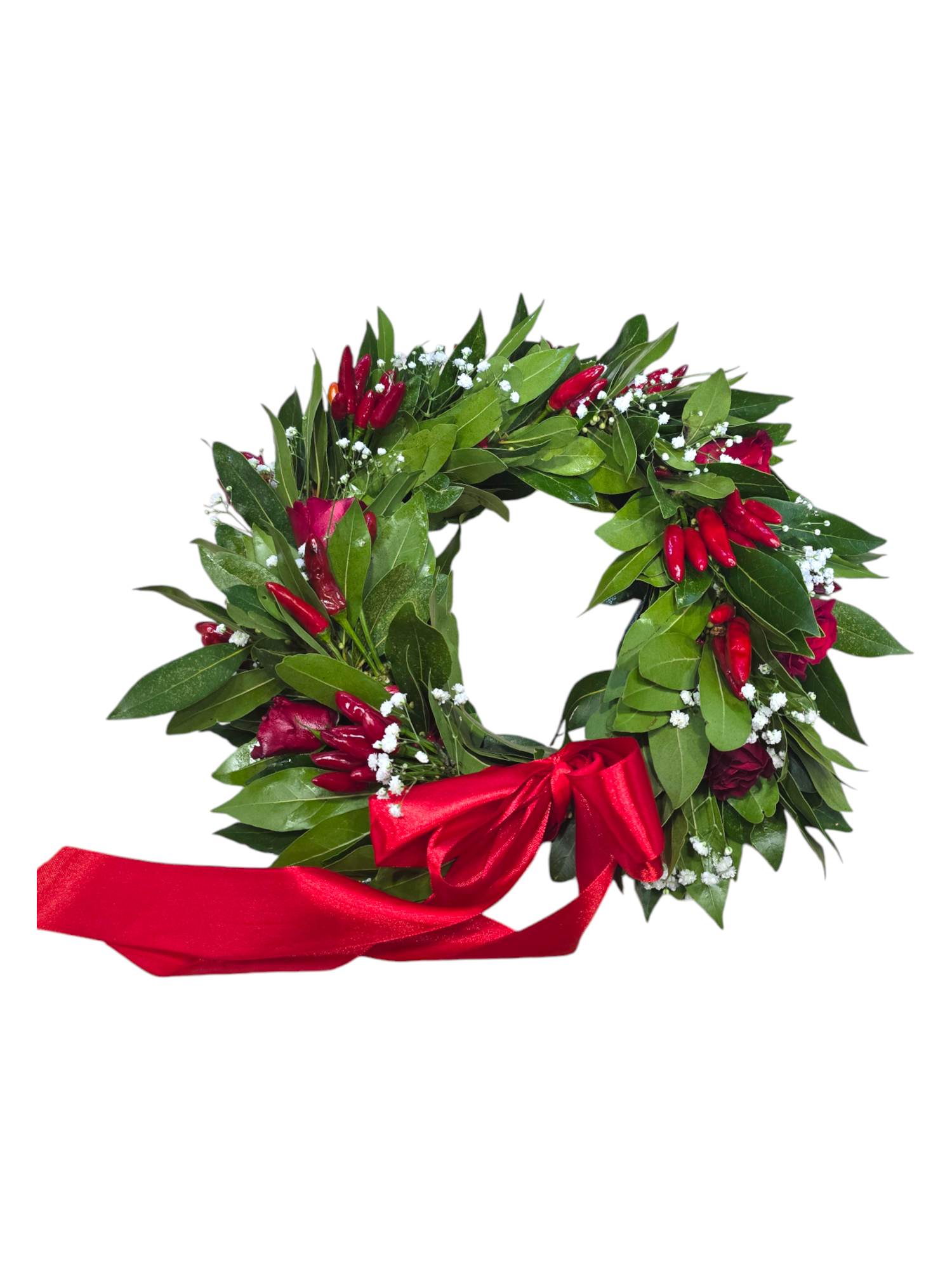 Coroncina con rose rosse peperoncini e gypsophila