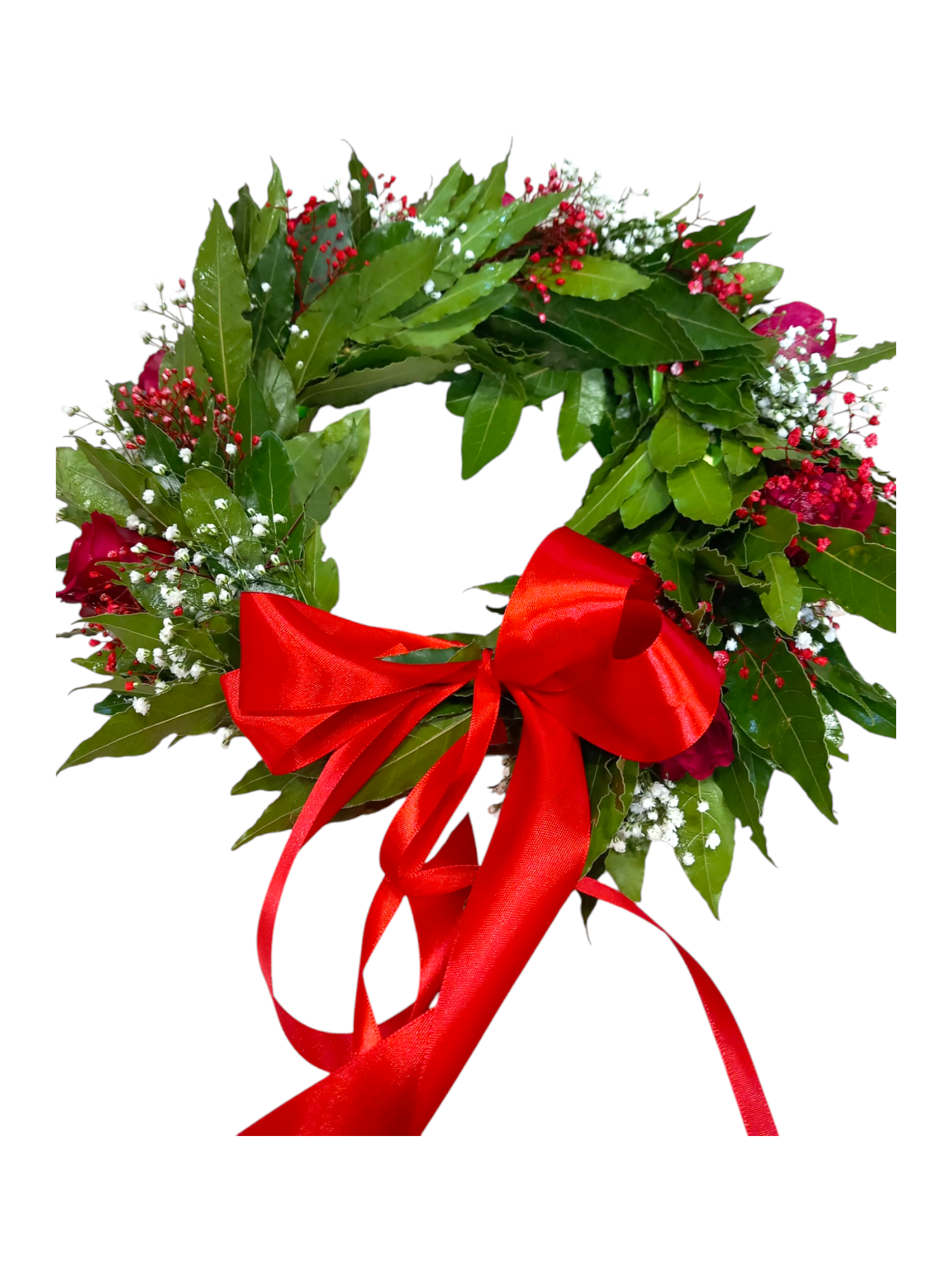 Featured image for “Coroncina rose rosse e gypsophila”