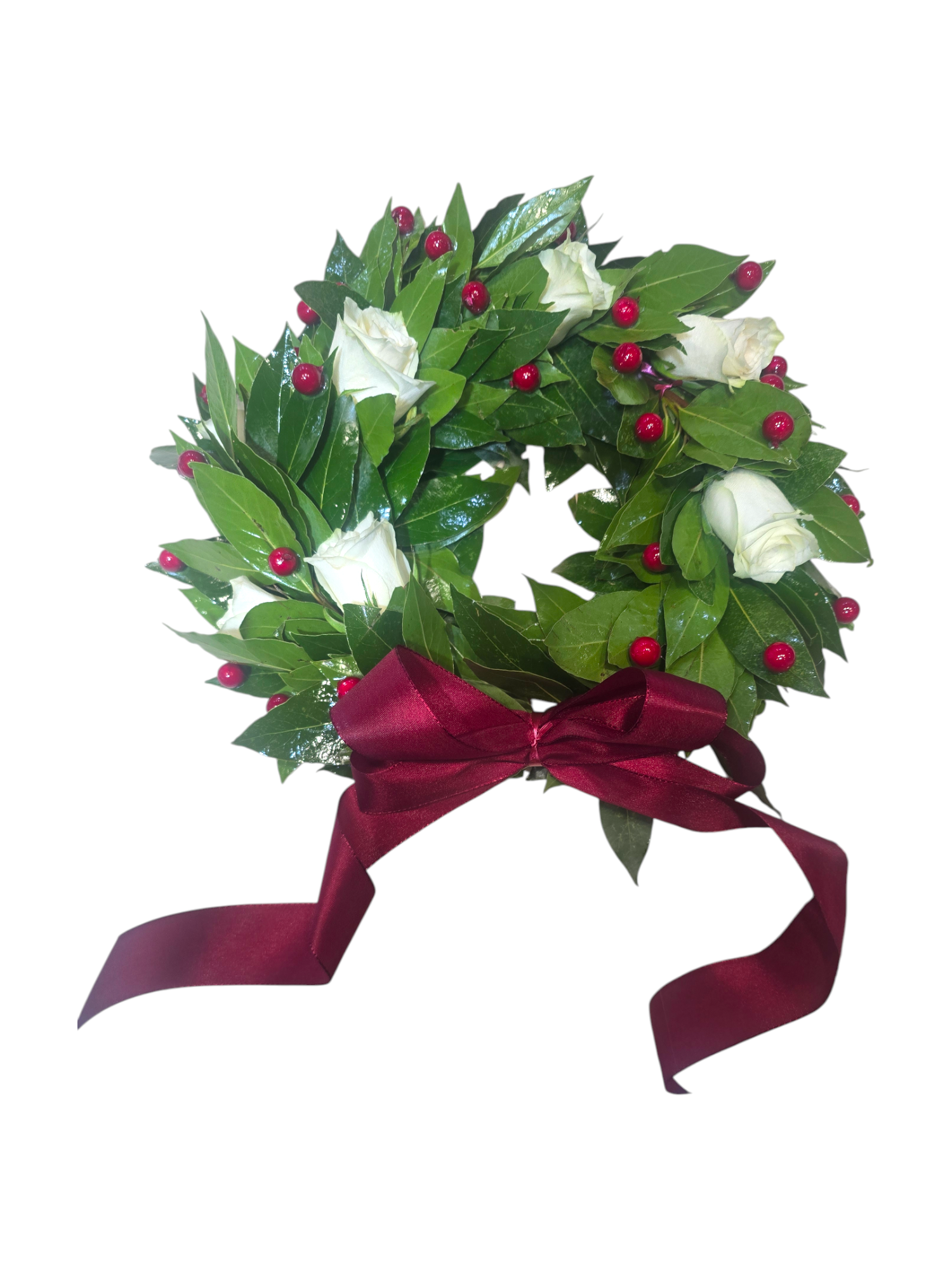 Featured image for “Coroncina laurea con rose bianche e bacche artificiali”