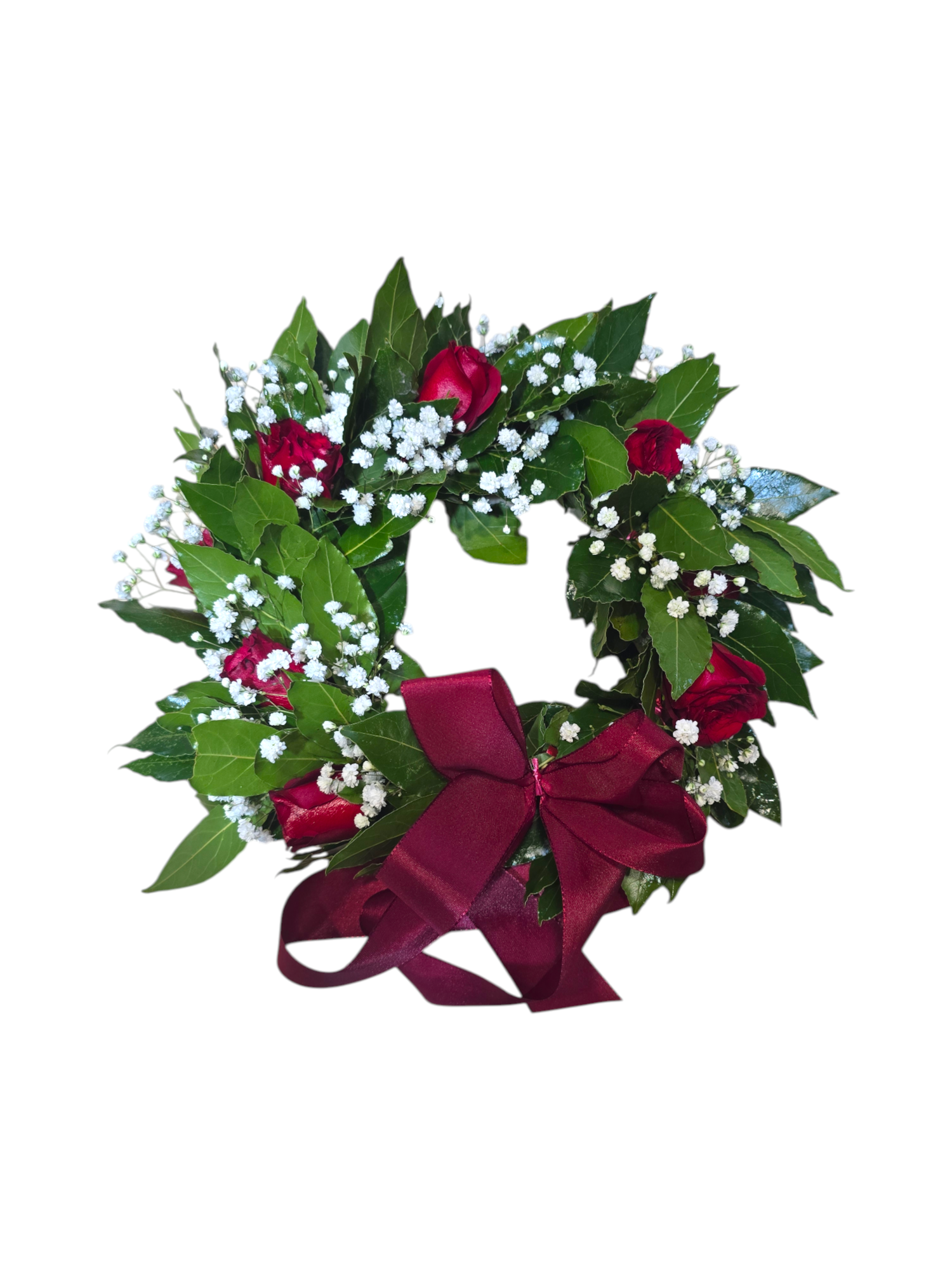Featured image for “Coroncina per laurea con rose bordeaux e gypsophila”