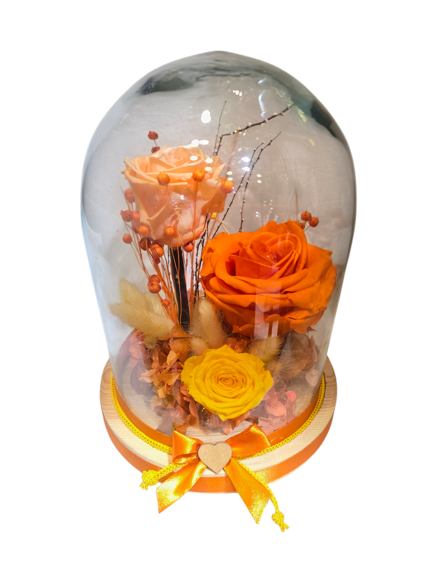 Cloche con 3 Rose Stabilizzate e Fiori Secchi – Elegante composizione sotto vetro - immagine 2