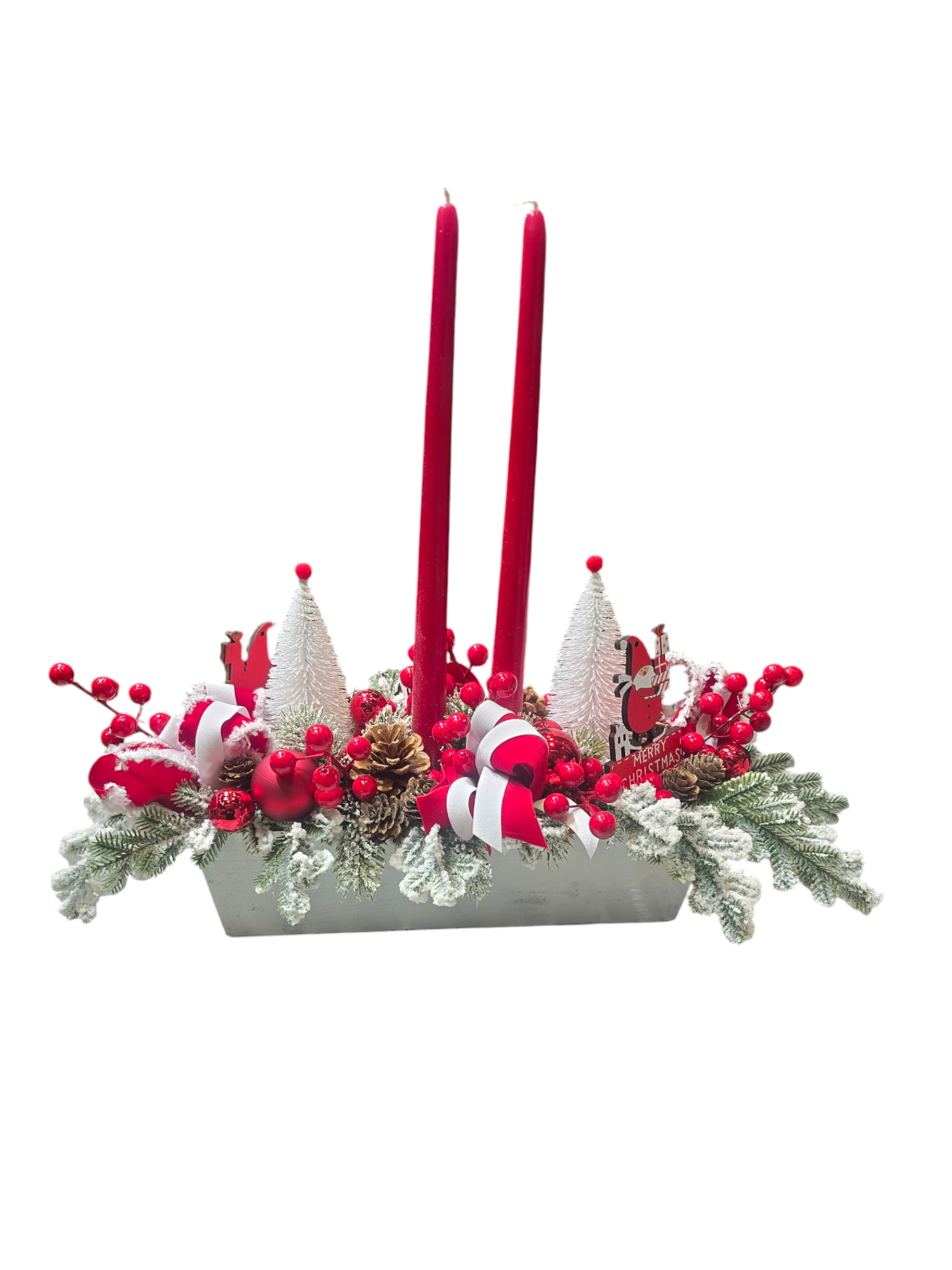 Featured image for “Centrotavola Natalizio Artigianale “Armonia di Rosso e Neve” – Decorazione rettangolare”