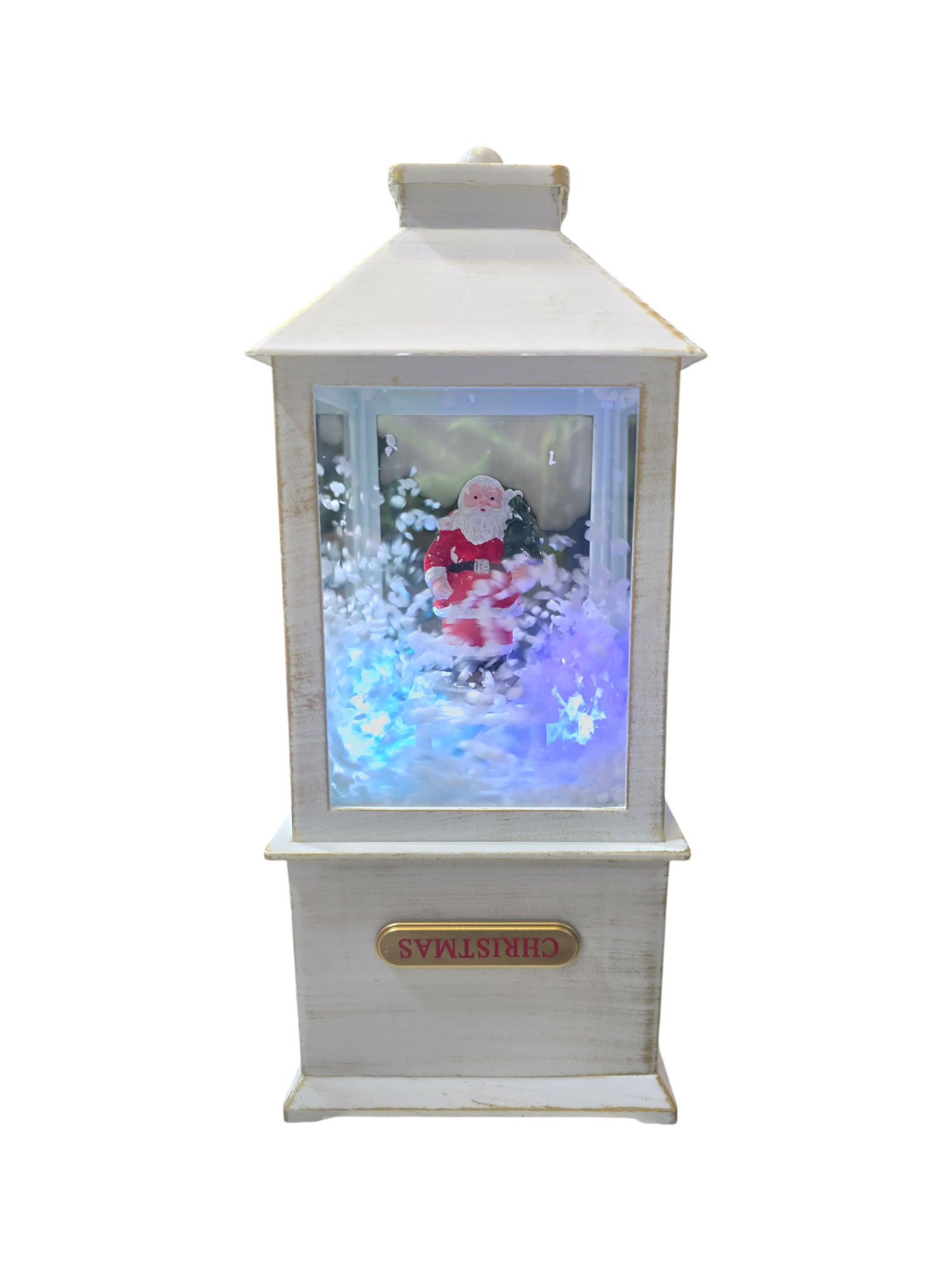 Lanterna natalizia bianca illuminata con LED e neve in movimento