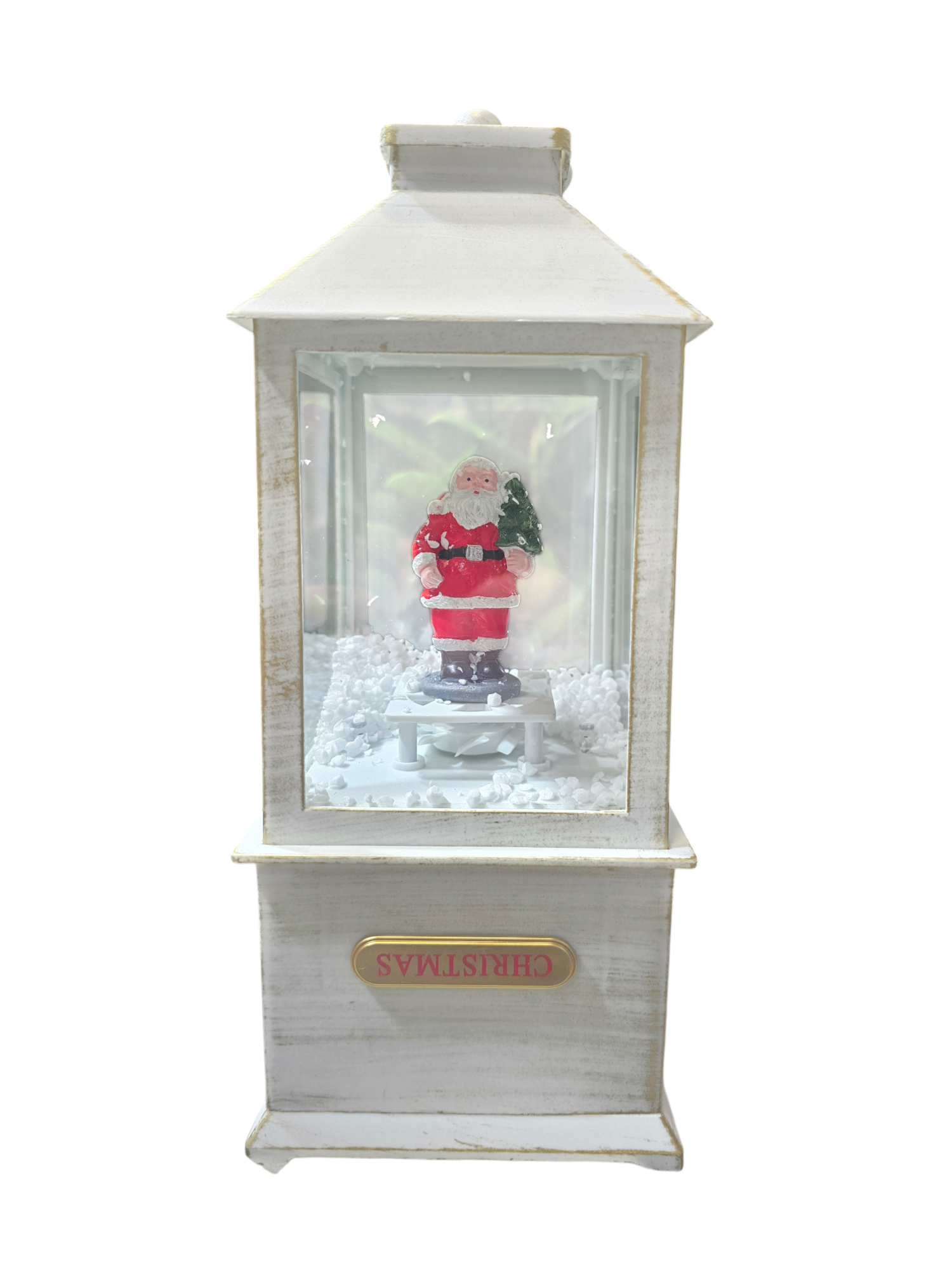 Lanterna natalizia bianca con Babbo Natale e neve decorativa