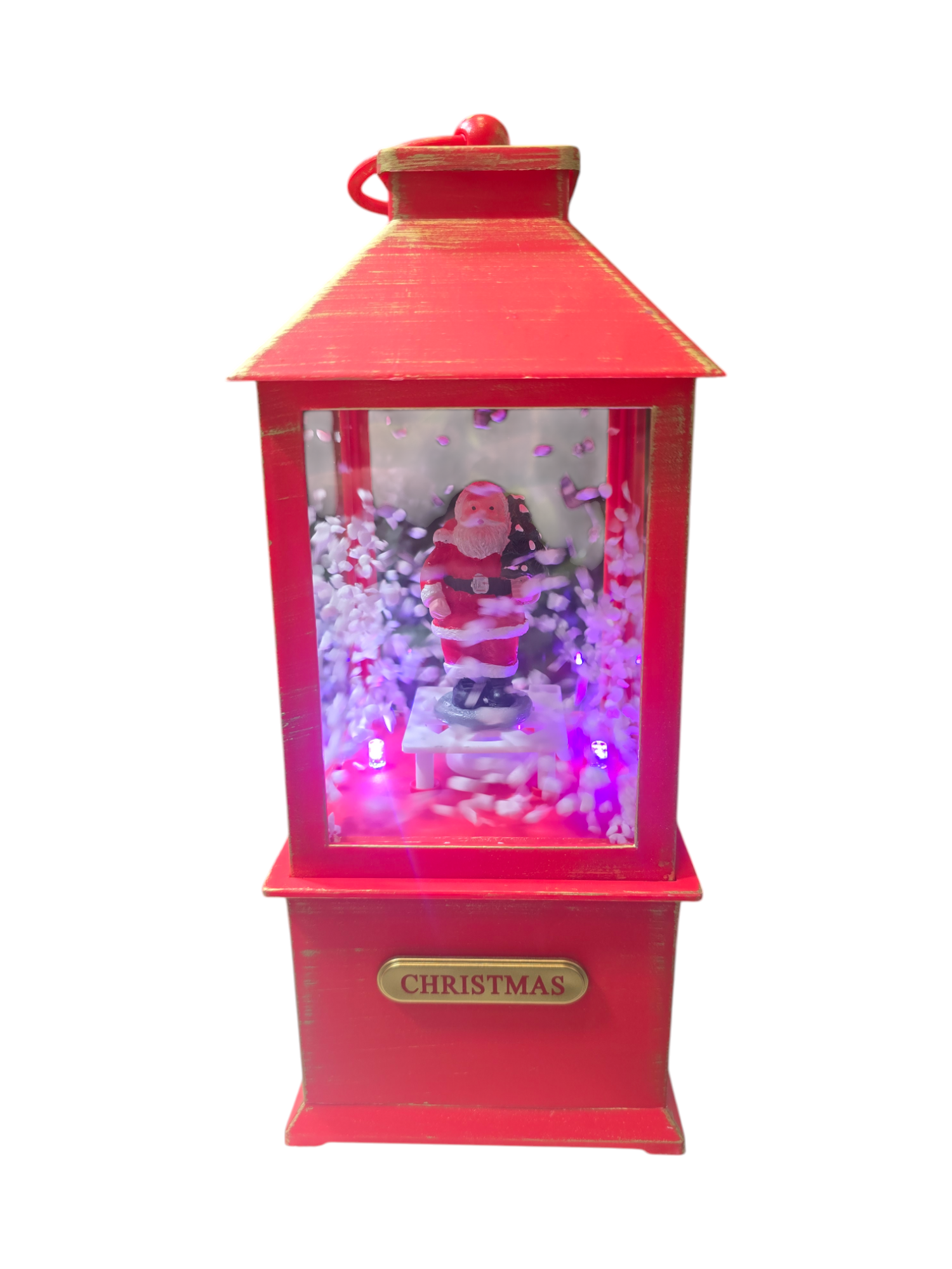 Lanterna natalizia rossa luminosa con neve e luci LED