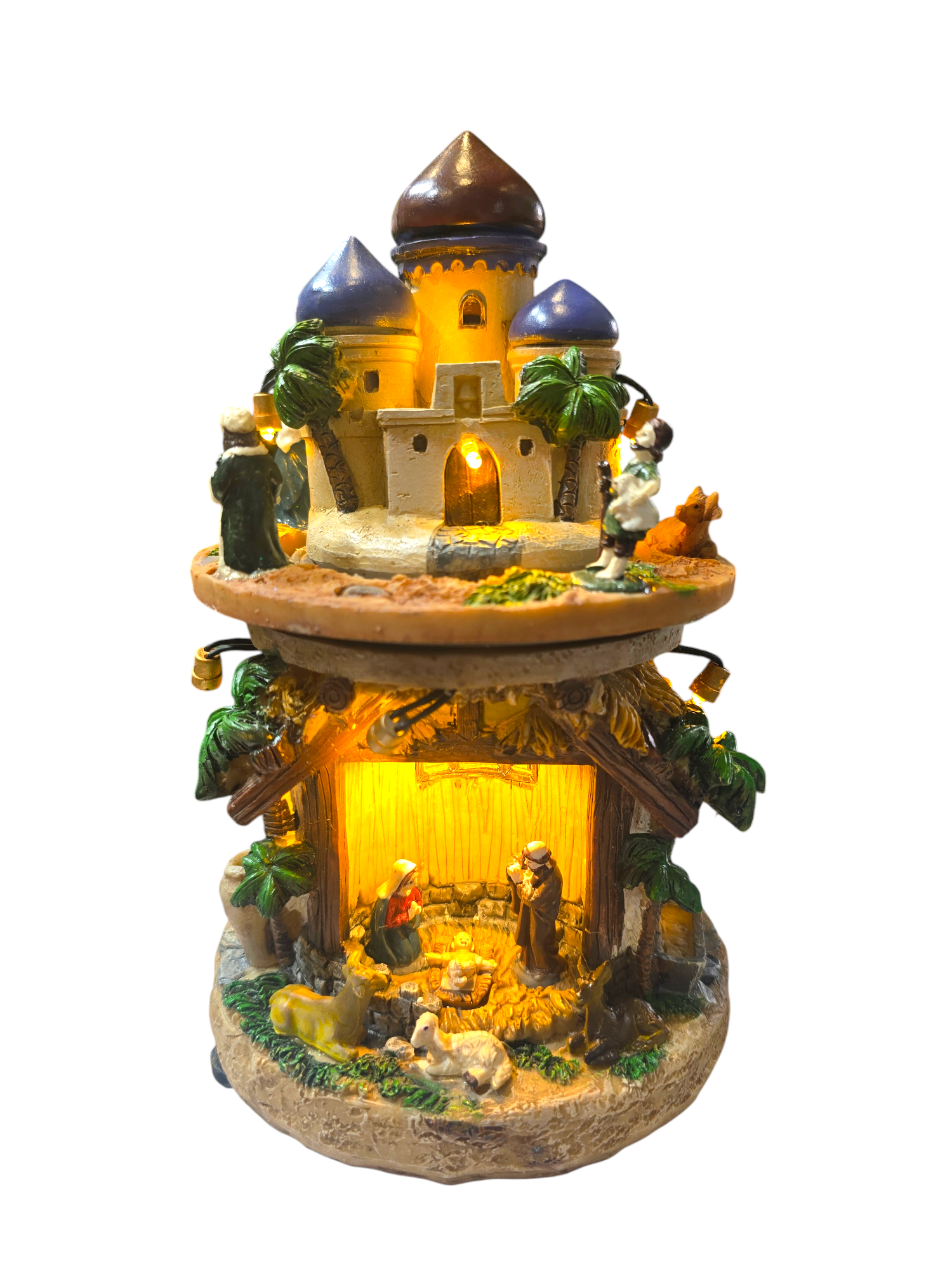 Presepe carillon girevole con luci LED accese e città di Betlemme superiore