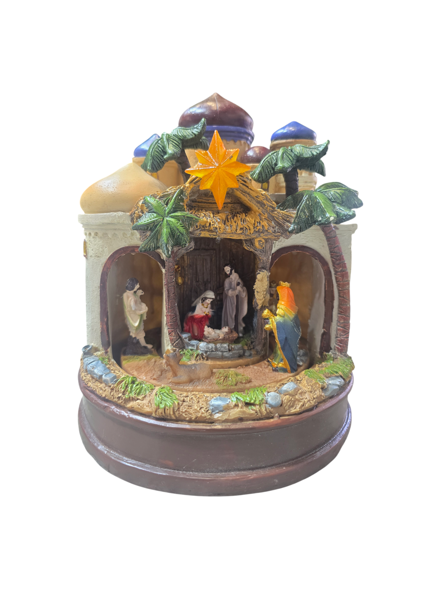 Presepe natalizio con Re Magi, Natività e cupole colorate in resina