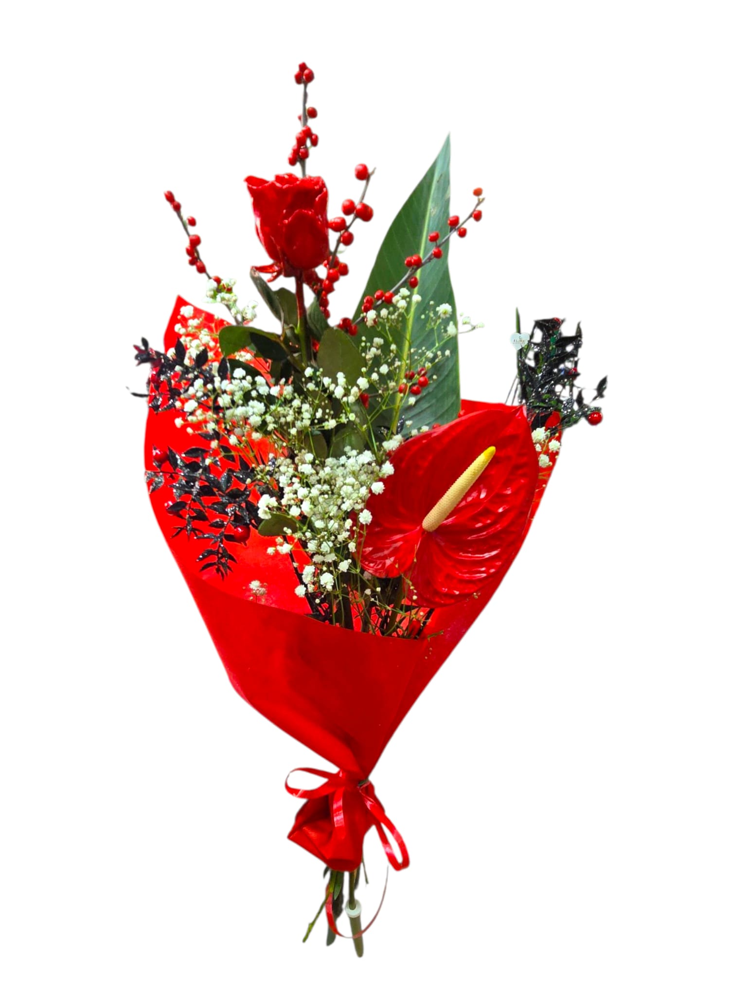 Featured image for “Mazzo Natalizio di Ilex, Rosa cerata e Anthurium”
