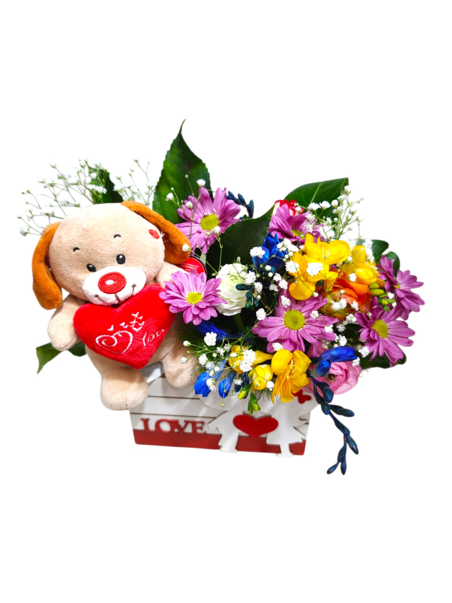 Cassetta in legno floreale con peluche - immagine 2