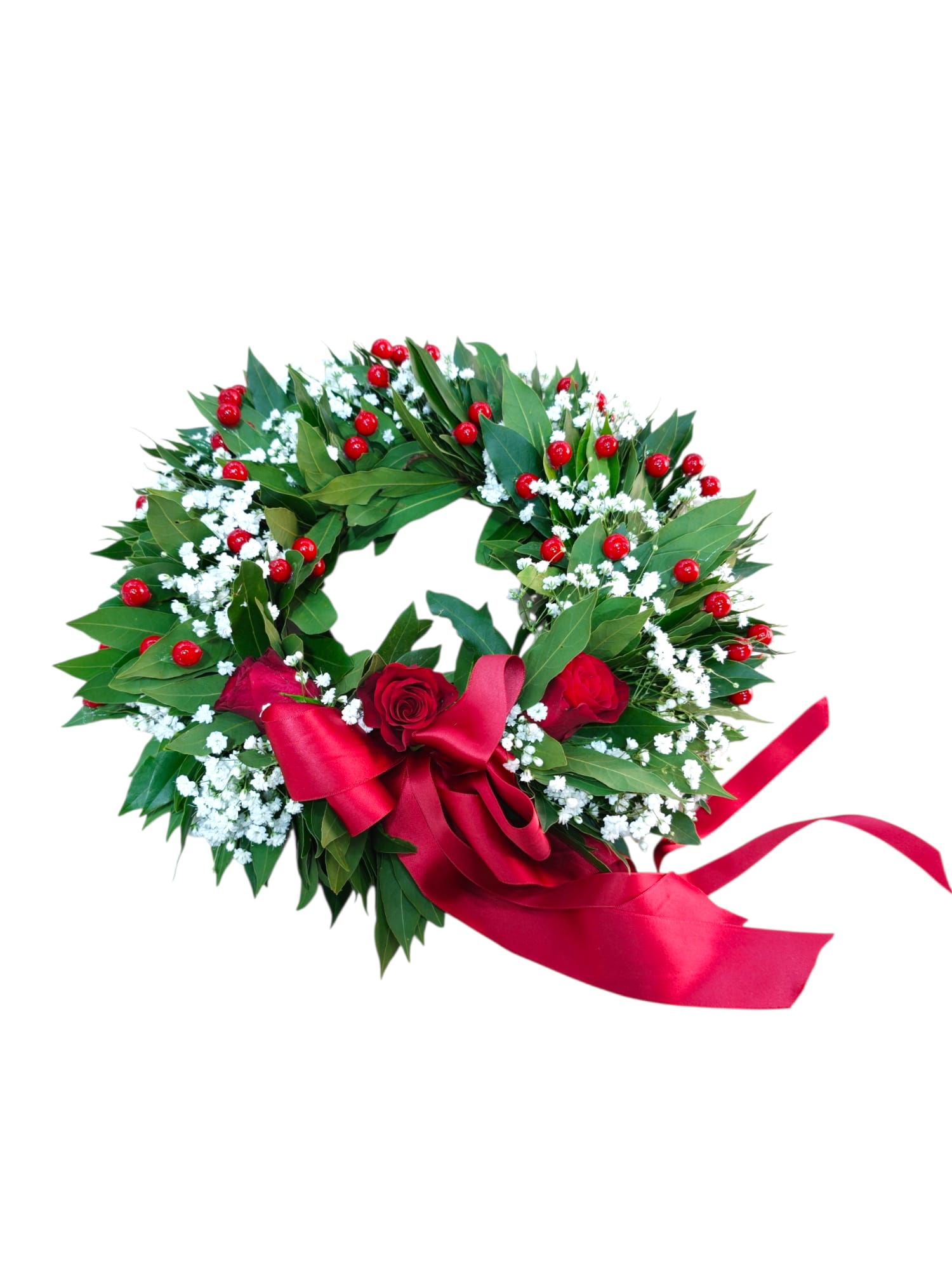 Featured image for “Coroncina Laurea con 3 Rose Rosse, Gypsophila e Bacche”