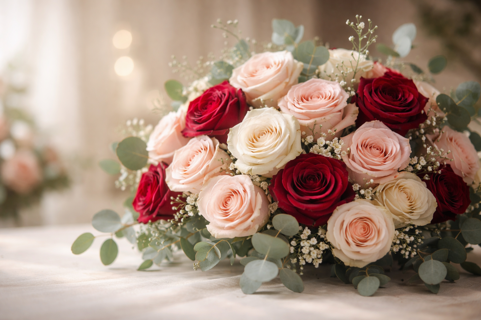 Bouquet elegante con rose dai toni rossi, cipria e crema