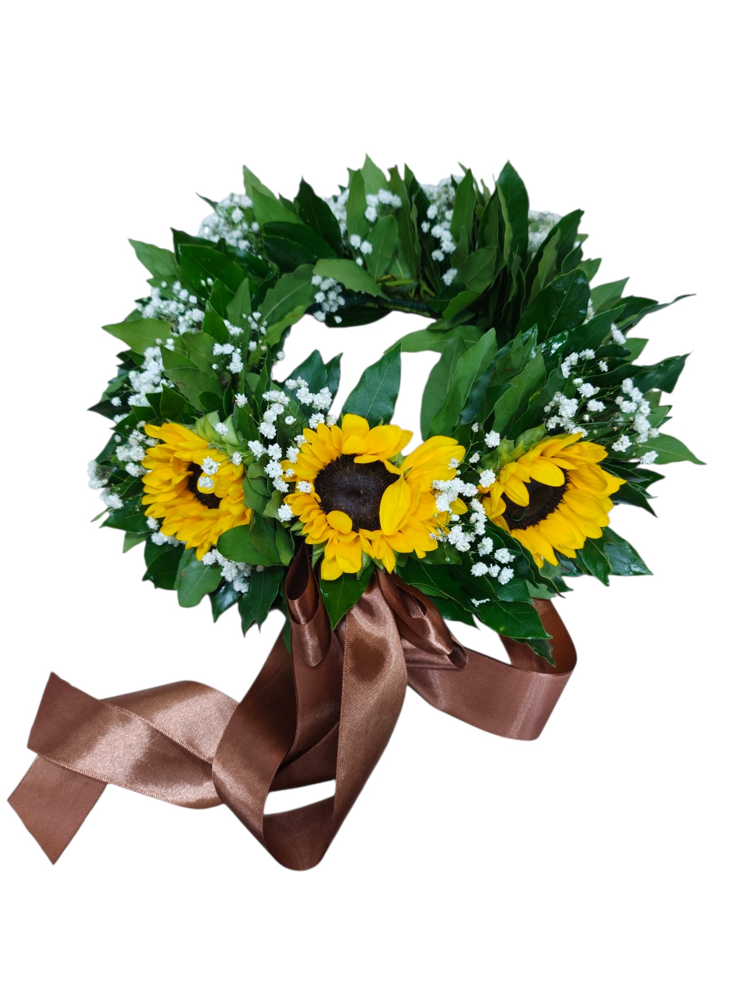 Featured image for “Coroncina di alloro con nebbiolina e girasoli”