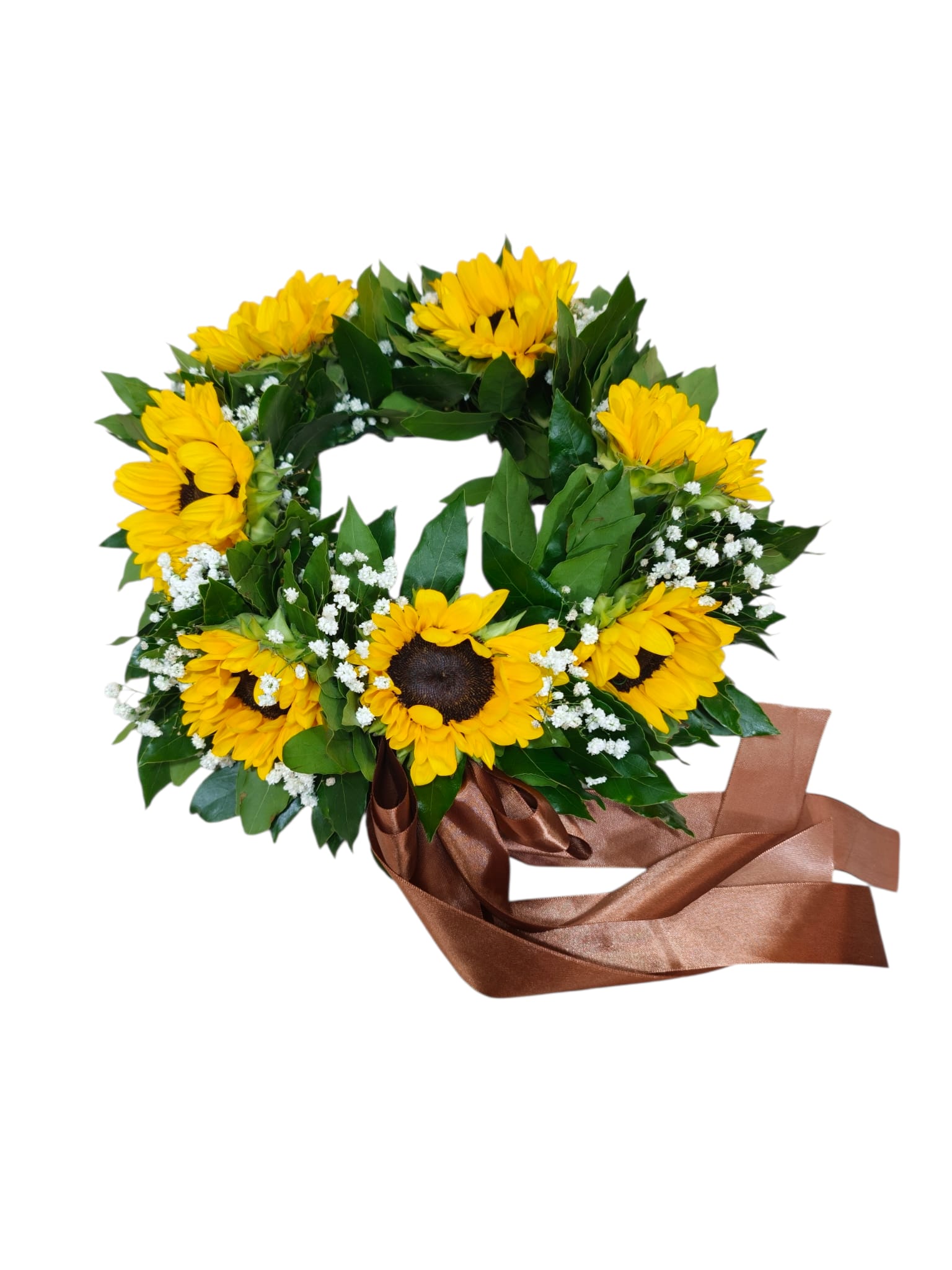 Featured image for “Coroncina di alloro con girasoli grandi e gypsophila”