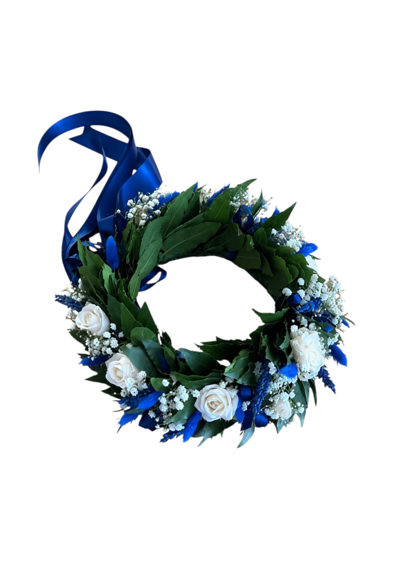 Featured image for “Coroncina di alloro bianca e blu con rose e gypsophila”