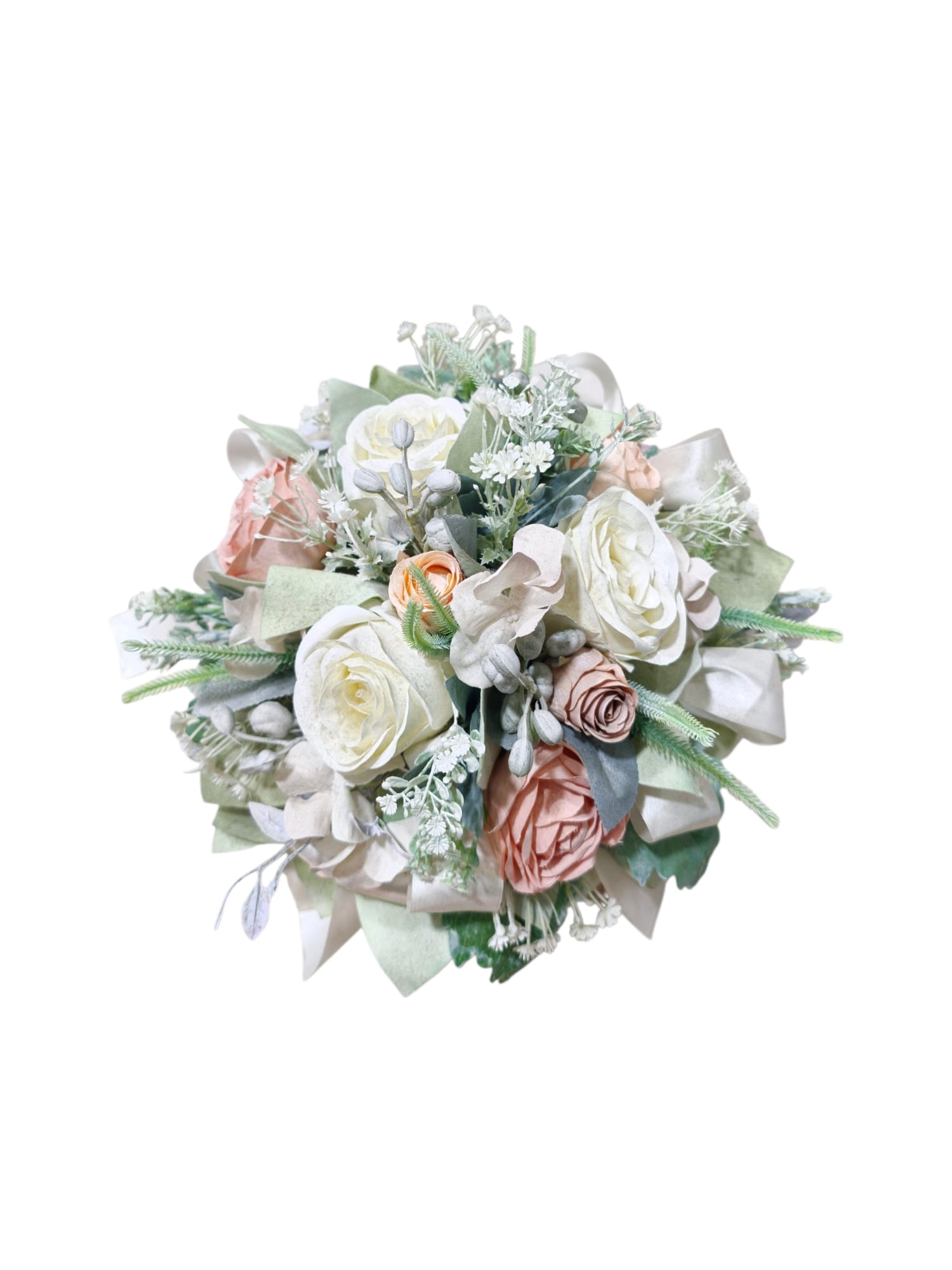 Centrotavola artificiale con rose bianche, fiori color cipria e verde decorativo